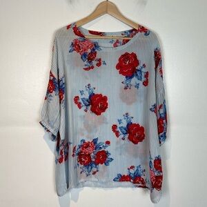 Masai Floral Top Size L Women's Short Sleeve Stripes Color Blue and Red